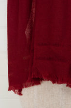 Load image into Gallery viewer, Juniper Hearth woven cashmere scarf featuring fagoting detail and fringed at ends, in cherry red.