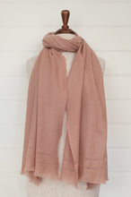 Load image into Gallery viewer, Juniper Hearth woven cashmere scarf featuring fagoting detail and fringed at ends, in vintage rose pink.