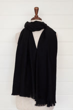 Load image into Gallery viewer, Juniper Hearth woven cashmere scarf featuring fagoting detail and fringed at ends, in black.