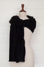 Load image into Gallery viewer, Juniper Hearth woven cashmere scarf featuring fagoting detail and fringed at ends, in black.