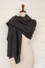 Load image into Gallery viewer, Juniper Hearth woven cashmere scarf featuring fagoting detail and fringed at ends, in charcoal.