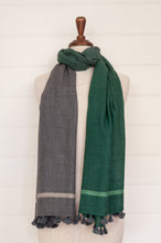 Load image into Gallery viewer, Juniper Hearth woven merino wool scarf, lightweight and very soft, melange dye from charcoal to jade green, with handmade pompoms.