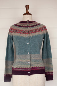 Made in Scotland Eribé fairisle merino and angora cardigan, Old Rose a nostalgic palette of dusky aqua with accents of burgundy and oatmeal, with pops of rose pink.