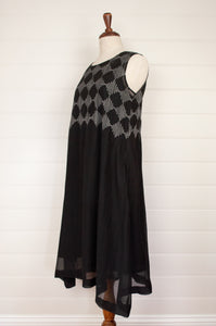 Neeru Kumar Pedro dress - embroidered cotton silk, white on black. A line sleeveless dress includes slip.