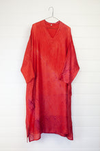 Load image into Gallery viewer, Neeru Kumar Petria dress in pink orange vermillion red silk shibori. A-line three quarter sleeve tunic dress  with V-neck includes slip.