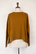Load image into Gallery viewer, Baby yak wool Iris sweater ethically made in Nepal, loose fit crew neck with dropped shoulder and side slits, in maize, rich gold mustard yellow.