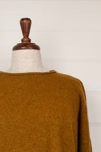 Baby yak wool Iris sweater ethically made in Nepal, loose fit crew neck with dropped shoulder and side slits, in maize, rich gold mustard yellow.