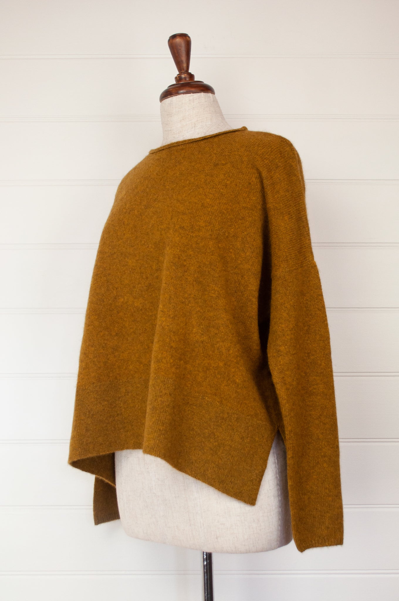 Baby yak wool Iris sweater ethically made in Nepal, loose fit crew neck with dropped shoulder and side slits, in maize, rich gold mustard yellow.