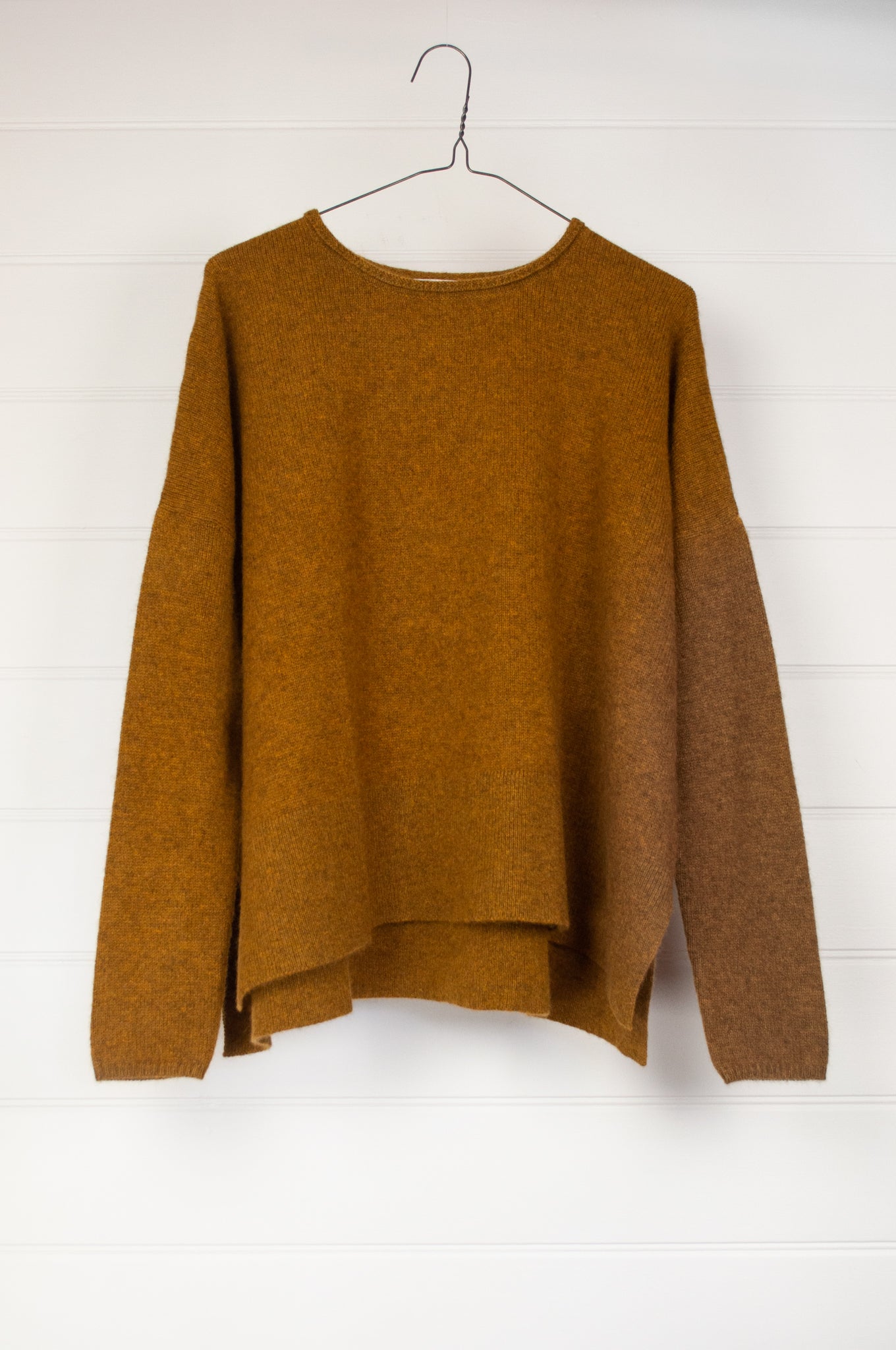 Baby yak wool Iris sweater ethically made in Nepal, loose fit crew neck with dropped shoulder and side slits, in maize, rich gold mustard yellow.