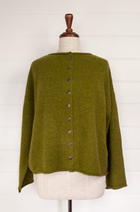 Juniper Hearth one size reversible cardigan, ethically made in Nepal from baby yak wool, mother of pearl buttons, in Chartreuse, olive green.