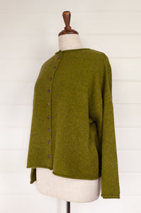 Juniper Hearth one size reversible cardigan, ethically made in Nepal from baby yak wool, mother of pearl buttons, in Chartreuse, olive green.