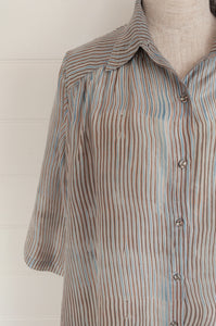 Raga Kaori shirt dress in sky blue and coffee brown fine stripe shibori.
