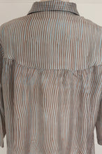 Load image into Gallery viewer, Raga Kaori shirt dress in sky blue and coffee brown fine stripe shibori.