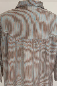 Raga Kaori shirt dress in sky blue and coffee brown fine stripe shibori.