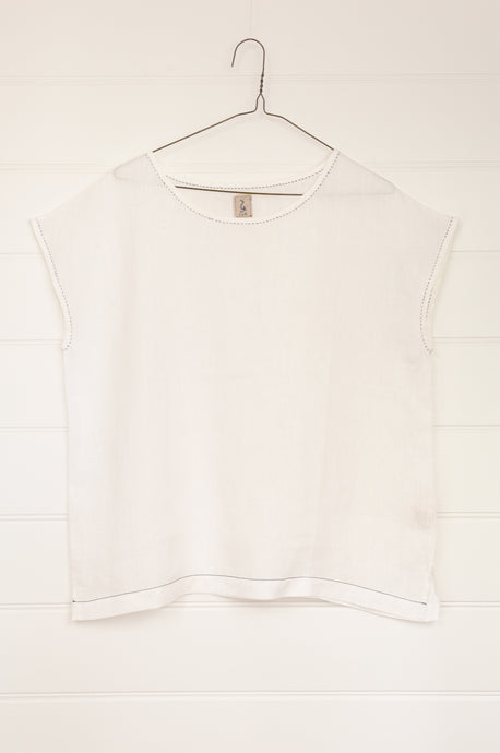 DVE Collection Kriya top in white linen, versatile cap sleeve top.