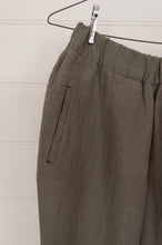 Load image into Gallery viewer, DVE Collection handloom linen in olive green straight leg elastic waist Rooma pant.