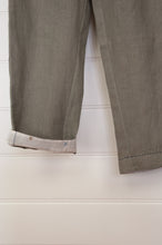 Load image into Gallery viewer, DVE Collection handloom linen in olive green straight leg elastic waist Rooma pant.