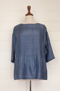 Dve Collection Padma one size top in blue grey pure silk, three quarter sleeves with gathered peplum at front.