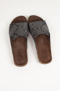 Bosabo handmade in France cork soled mule sandal with snakeskin Python leather upper in grey anthracite.