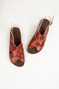 Bosabo handmade in France  vegetable tanned leather cross over sandal with buckled strap.