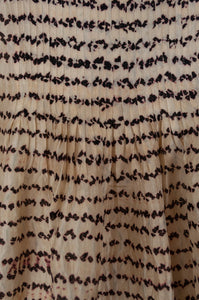 Raga Betony silk shibori shirt, natural black on natural linen, collarless button up, three quarter sleeves, pin tucked back yoke (pin tuck detail).