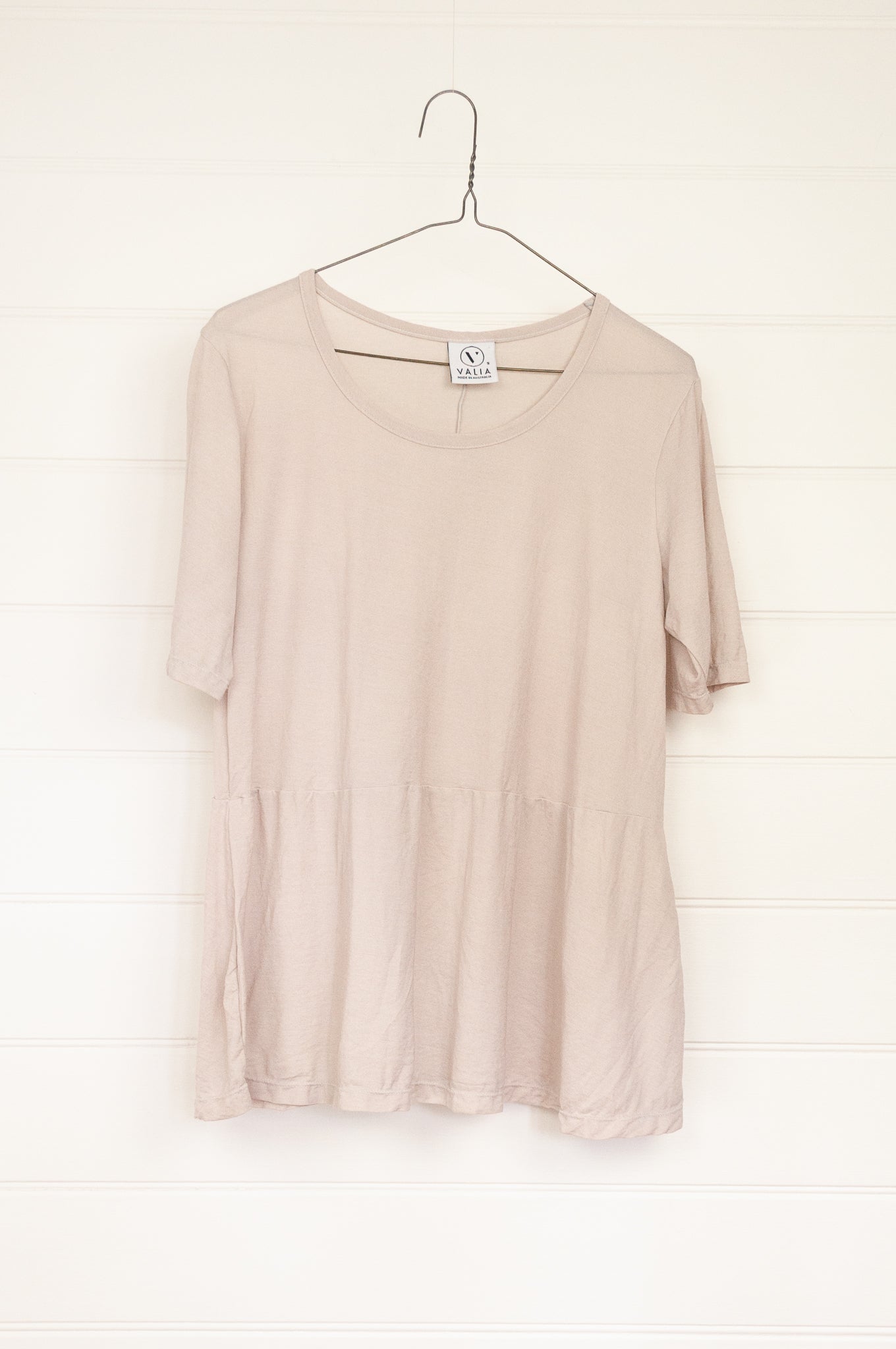 Valia made in Melbourne cotton jersey knit peplum top T-shirt in Pony stone oatmeal cream.