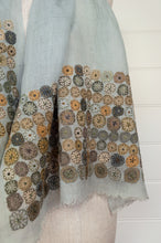Load image into Gallery viewer, Sophie Digard embroidered linen stole scarf Eng soft blue with applique floewrs in grey, mustard and rust.