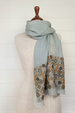 Load image into Gallery viewer, Sophie Digard embroidered linen stole scarf Eng soft blue with applique floewrs in grey, mustard and rust.