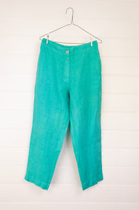 Haris Cotton made in Greece Island Green mint green linen pants, flat front with elastic waistband at back.