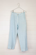 Load image into Gallery viewer, Haris Cotton made in Greece Ocean Air pale blue linen pants, flat front with elastic waistband at back.
