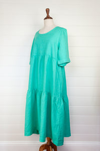 Haris Cotton made in Greece Island Green mint green tiered short sleeved linen midi length dress.