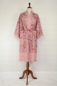 Ethically made, cotton voile kimono robe dressing gown in pink floral print.