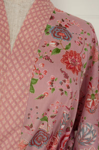 Ethically made, cotton voile kimono robe dressing gown in pink floral print.