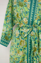 Load image into Gallery viewer, Ethically made, cotton voile kimono robe dressing gown in green floral print.