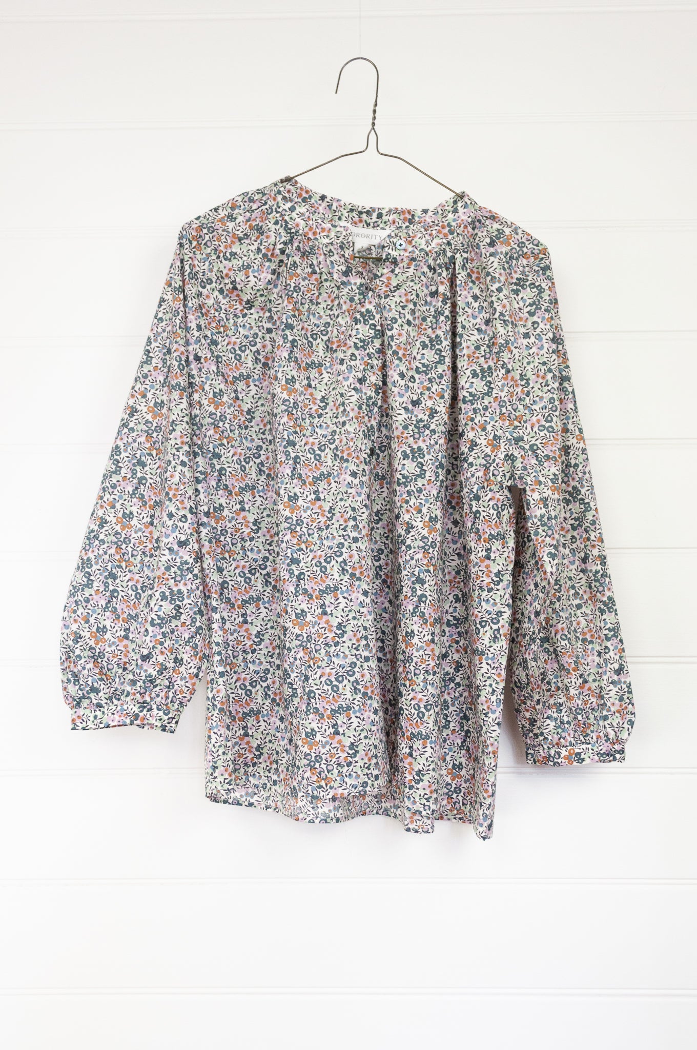 Sorority Clothing Liberty Tana lawn 3/4 sleeve blouse in Wiltshire berry print in soft grey, lilac and tan.