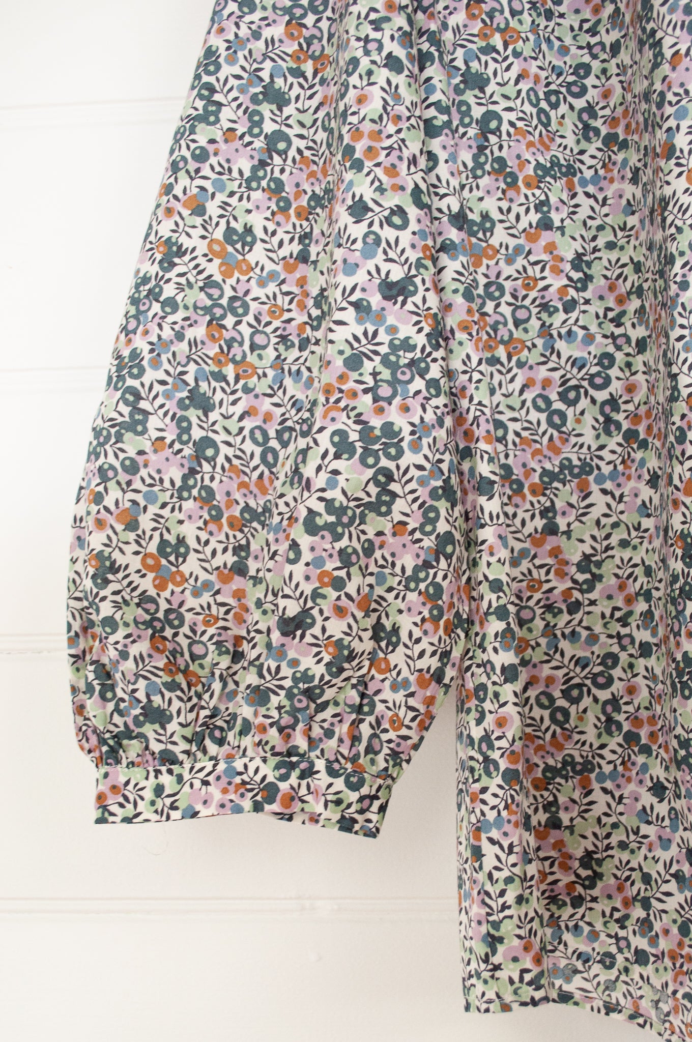Sorority Clothing Liberty Tana lawn 3/4 sleeve blouse in Wiltshire berry print in soft grey, lilac and tan.
