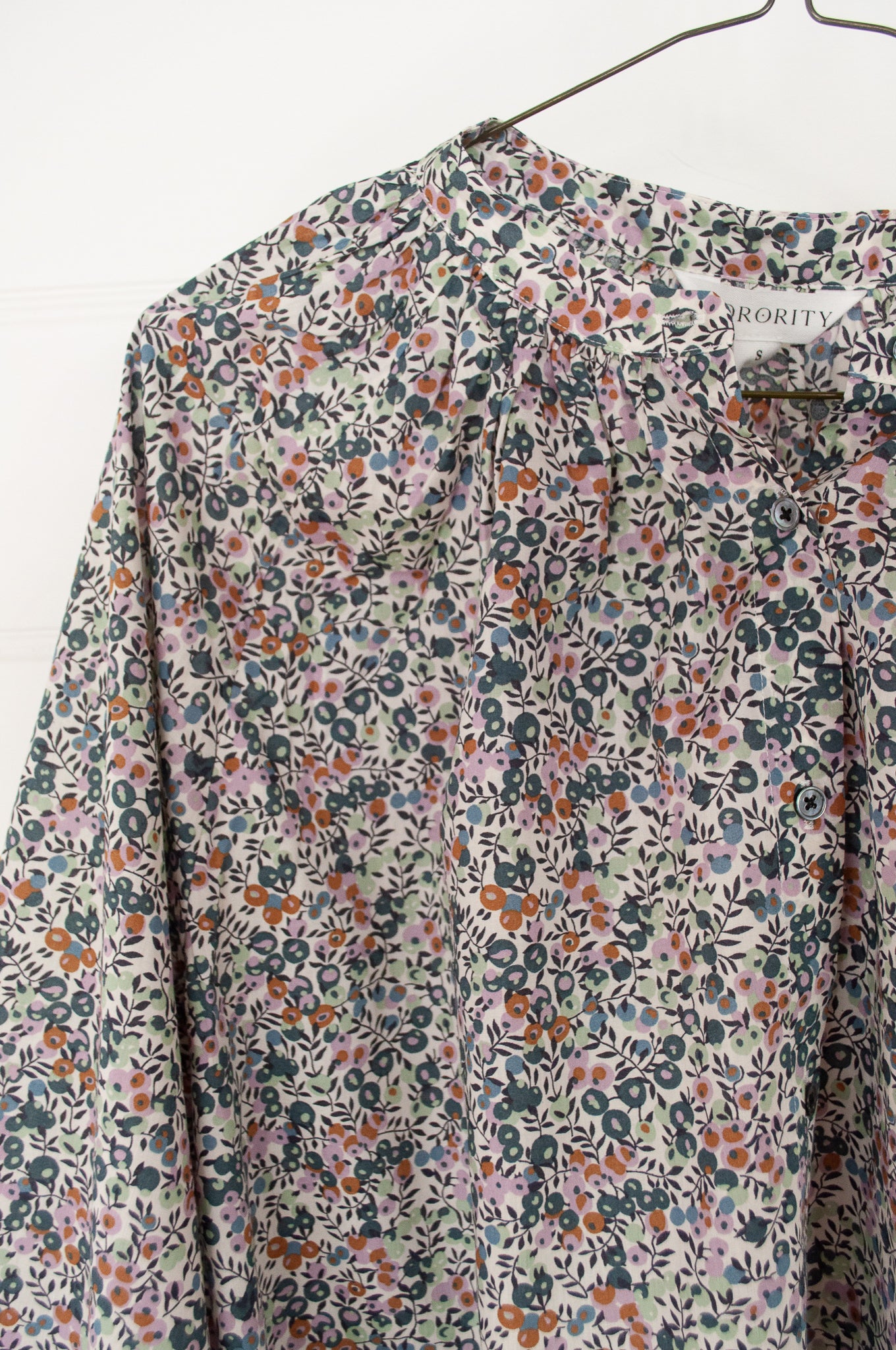 Sorority Clothing Liberty Tana lawn 3/4 sleeve blouse in Wiltshire berry print in soft grey, lilac and tan.