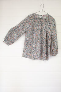 Sorority Clothing Liberty Tana lawn 3/4 sleeve blouse in Wiltshire berry print in soft grey, lilac and tan.