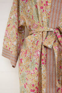 Ethically made, cotton voile kimono robe dressing gown in pale lime green floral print.