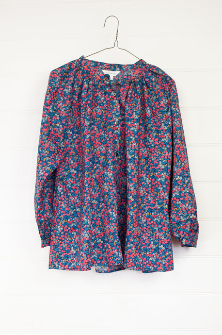 Sorority Clothing 3/4 sleeve Liberty Tana lawn blouse in Wiltshire print, red, blue and pink on a navy base.