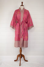 Load image into Gallery viewer, Ethically made, cotton voile kimono robe dressing gown in deep raspberry pink floral print.