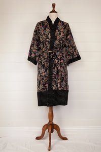 Ethically made, cotton voile kimono robe dressing gown in floral print on black.