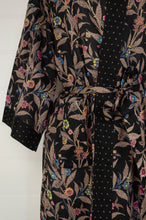 Load image into Gallery viewer, Ethically made, cotton voile kimono robe dressing gown in floral print on black.