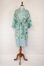 Load image into Gallery viewer, Ethically made, cotton voile kimono robe dressing gown in blue floral print.