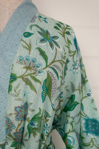 Ethically made, cotton voile kimono robe dressing gown in blue floral print.