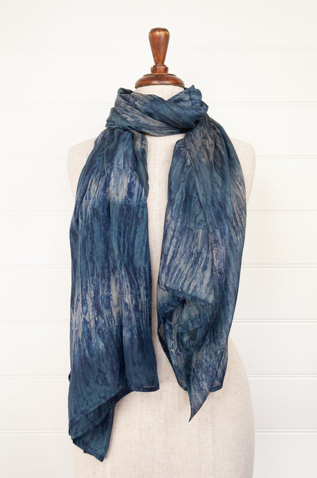 Juniper Hearth digital print tie dye silk scarf in denim and silver.