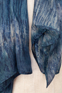 Juniper Hearth digital print tie dye silk scarf in denim and silver.