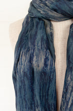 Load image into Gallery viewer, Juniper Hearth digital print tie dye silk scarf in denim and silver.