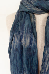 Juniper Hearth digital print tie dye silk scarf in denim and silver.
