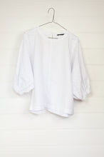 Load image into Gallery viewer, Valia made in Australia white linen top with full gathered cotton broderie sleeves.